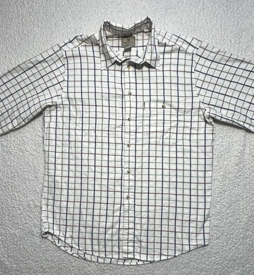 Beretta Men's XL Long Sleeve Plaid Button Down Shirt Beige Blue Red RN 103833